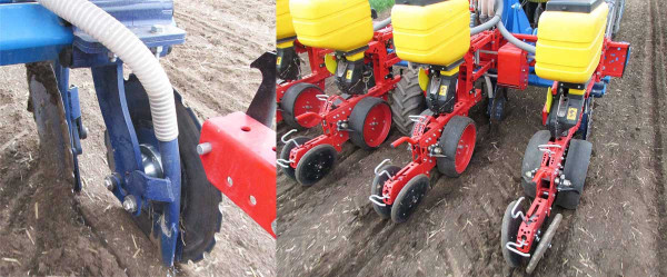 Obr. 5: Výsev secím strojem umožňujícím mělké pásové nakypření půdy a uložení hnojiv po obou stranách před samotným výsevem kukuřice pomocí dvou talířů na plochách s kypřením bez předseťové přípravy