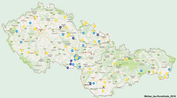 Mapa 4: Disperze populací blýskáčků vykazujících určitý stupeň rezistence nebo citlivosti k pyretroidu tau-fluvalinate na území ČR a SK v roce 2016 (barvy bodů viz mapa 1)