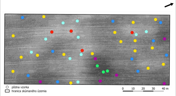  Obr. 2: Klasifikácia tried pôdnych vzoriek (farba bodu reprezentuje príslušnosť lokality k homogénnej triede stanovenej na základe neriadenej klasifikácie)