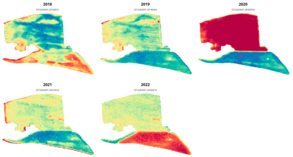Obr. 3: Porovnání vegetačních indexů, snímky květen 2018–22