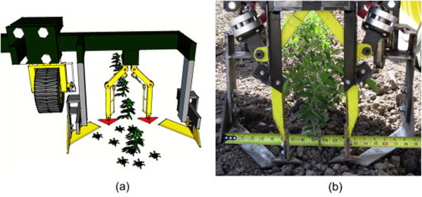 Obr. 16 a, b: Systém pro kontrolu a hubení plevelů v řádku plodin  (Pérez-Ruíz a kol., 2014)