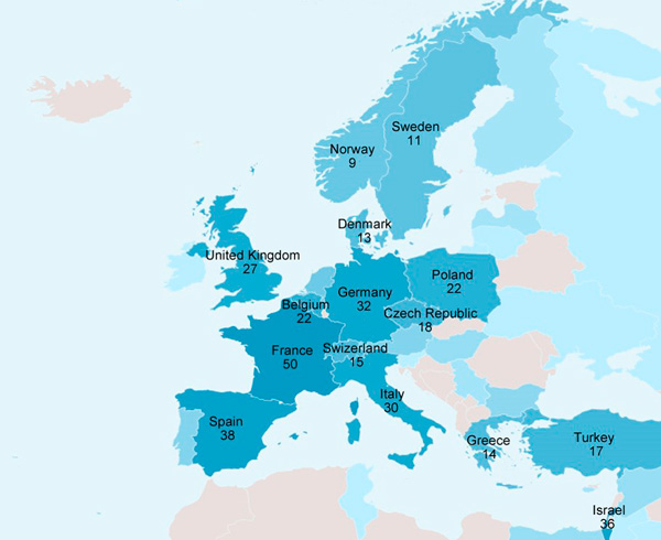 Mapa: Počty potvrzených případů rezistentních plevelných druhů v Evropě (převzato Heap, 2019)