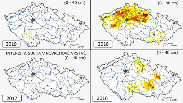 Mapa 2: Zasažení České republiky suchem v polovině října v letech 2016–2019 (zdroj: www.intersucho.cz)