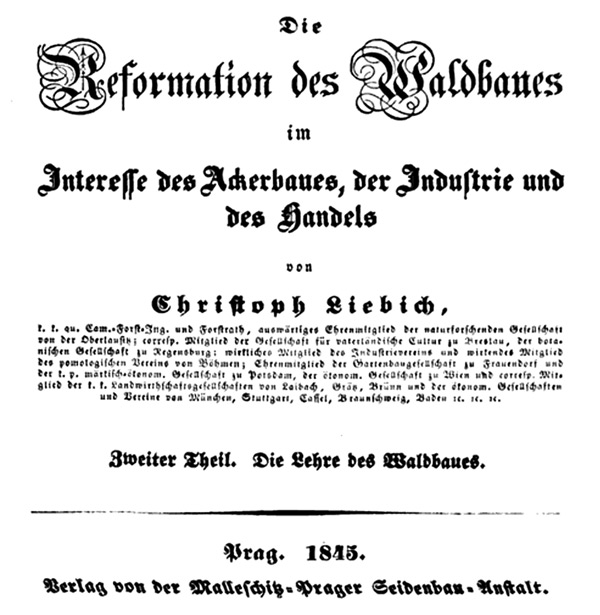 Titulní strana druhého dílu Liebichovy knihy o „Reformě lesnictví v zájmu zemědělství, průmyslu a obchodu“ z roku 1845