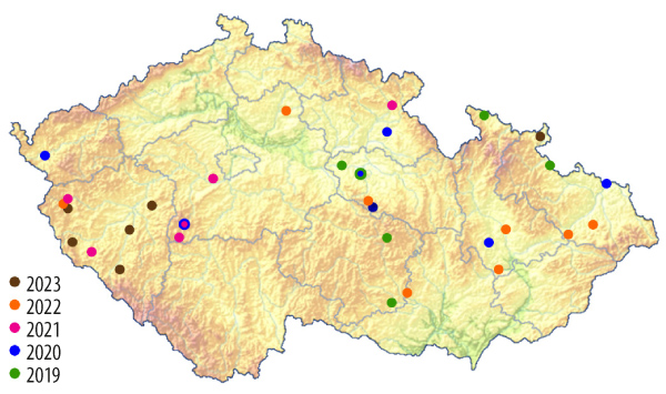 Mapa: Lokality v ČR s nadlimitními hodnotami DON (2019–2023) 