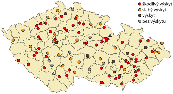 Mapa 1: Mšice broskvoňová - maximální výskyt od 15. 8. do 28. 11. 2023 (zdroj ÚKZÚZ)