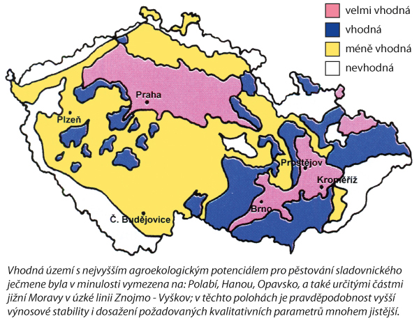 Mapa: Rozdělení území ČR dle vhodnosti pro pěstování jarního sladovnického ječmene
